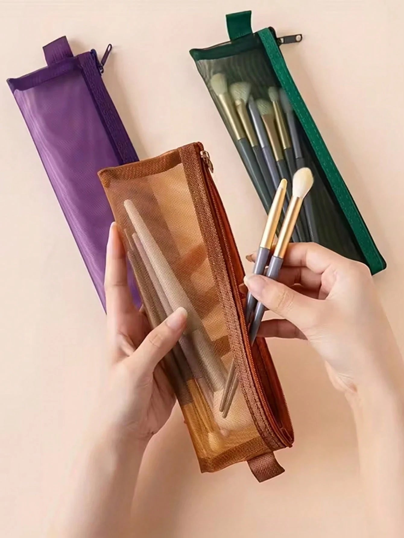 1PC/2pcs Nylon Mesh Makeup Brush Storage Bag, A Variety Of Colors Are Available, Transparent Zipper, Suitable For Eyebrow Pencil, Eyelash Brush, Etc., Portable Mini Beauty Accessories