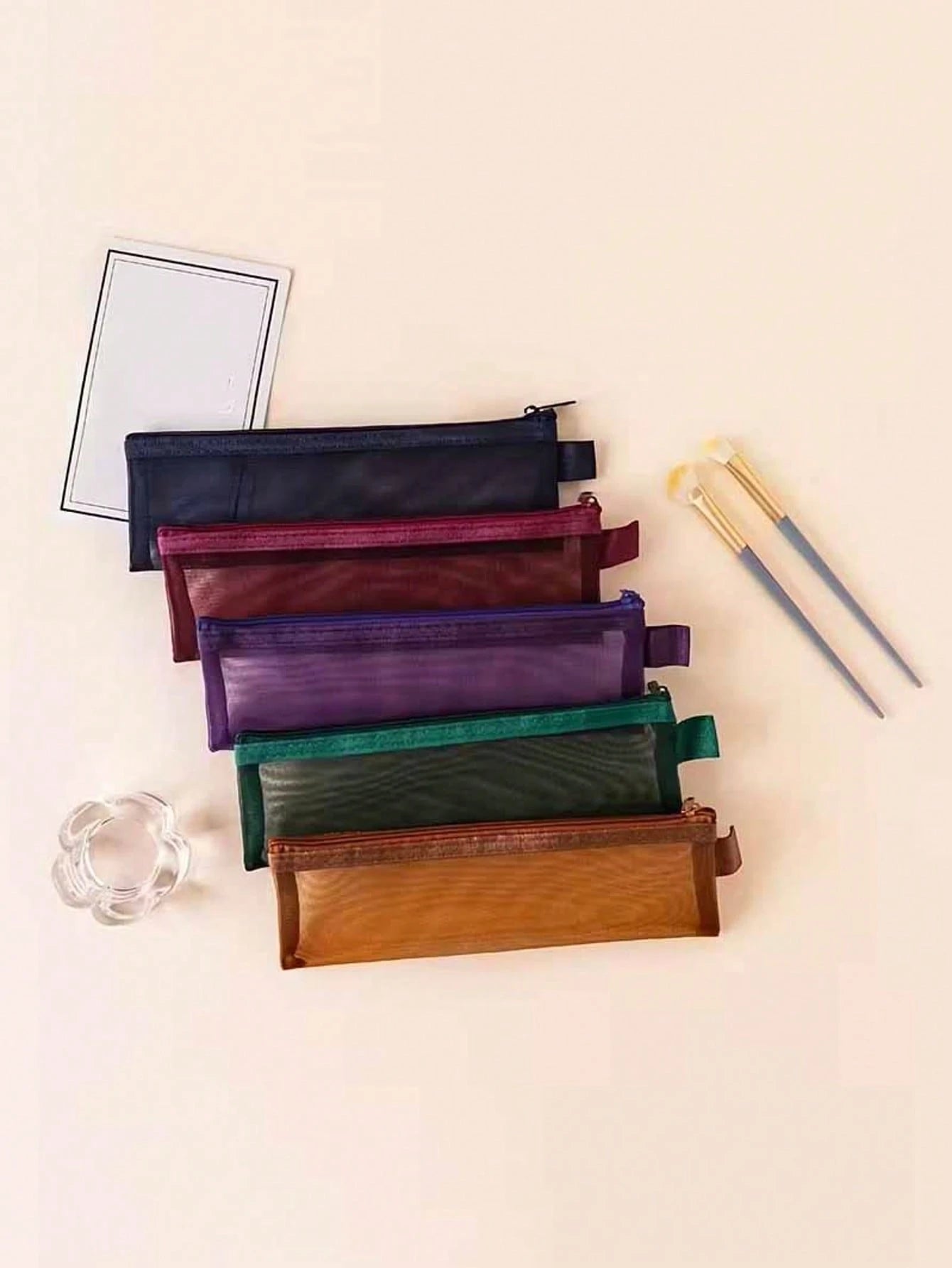1PC/2pcs Nylon Mesh Makeup Brush Storage Bag, A Variety Of Colors Are Available, Transparent Zipper, Suitable For Eyebrow Pencil, Eyelash Brush, Etc., Portable Mini Beauty Accessories