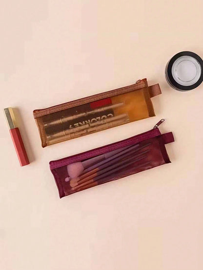 1PC/2pcs Nylon Mesh Makeup Brush Storage Bag, A Variety Of Colors Are Available, Transparent Zipper, Suitable For Eyebrow Pencil, Eyelash Brush, Etc., Portable Mini Beauty Accessories