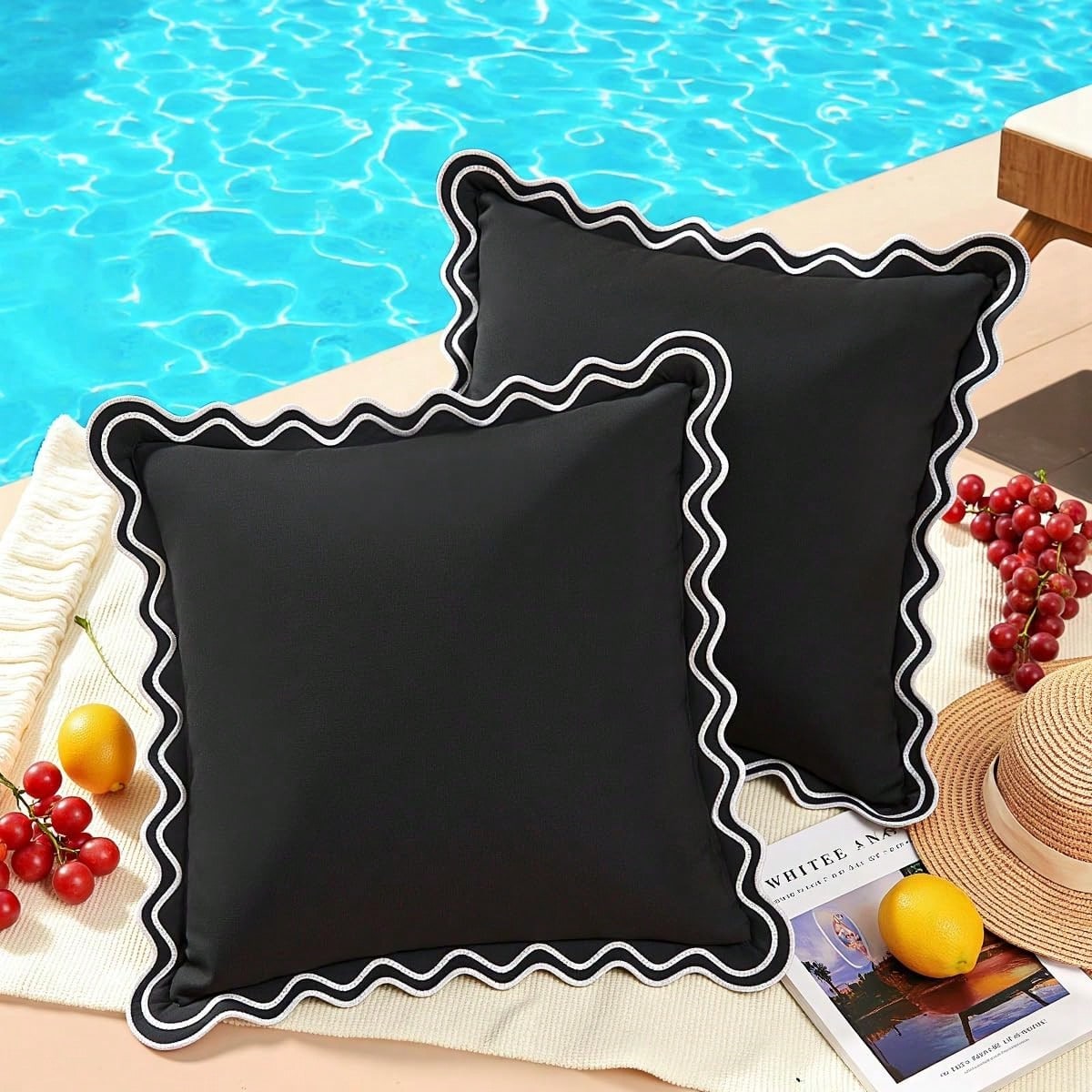 1pc/2pcs Scalloped Wavy Ruffle Edge Waterproof Square Throw Pillow Covers, Decorative Outdoor Cushion Cases For Patio Pool Garden Sofa Home Decor