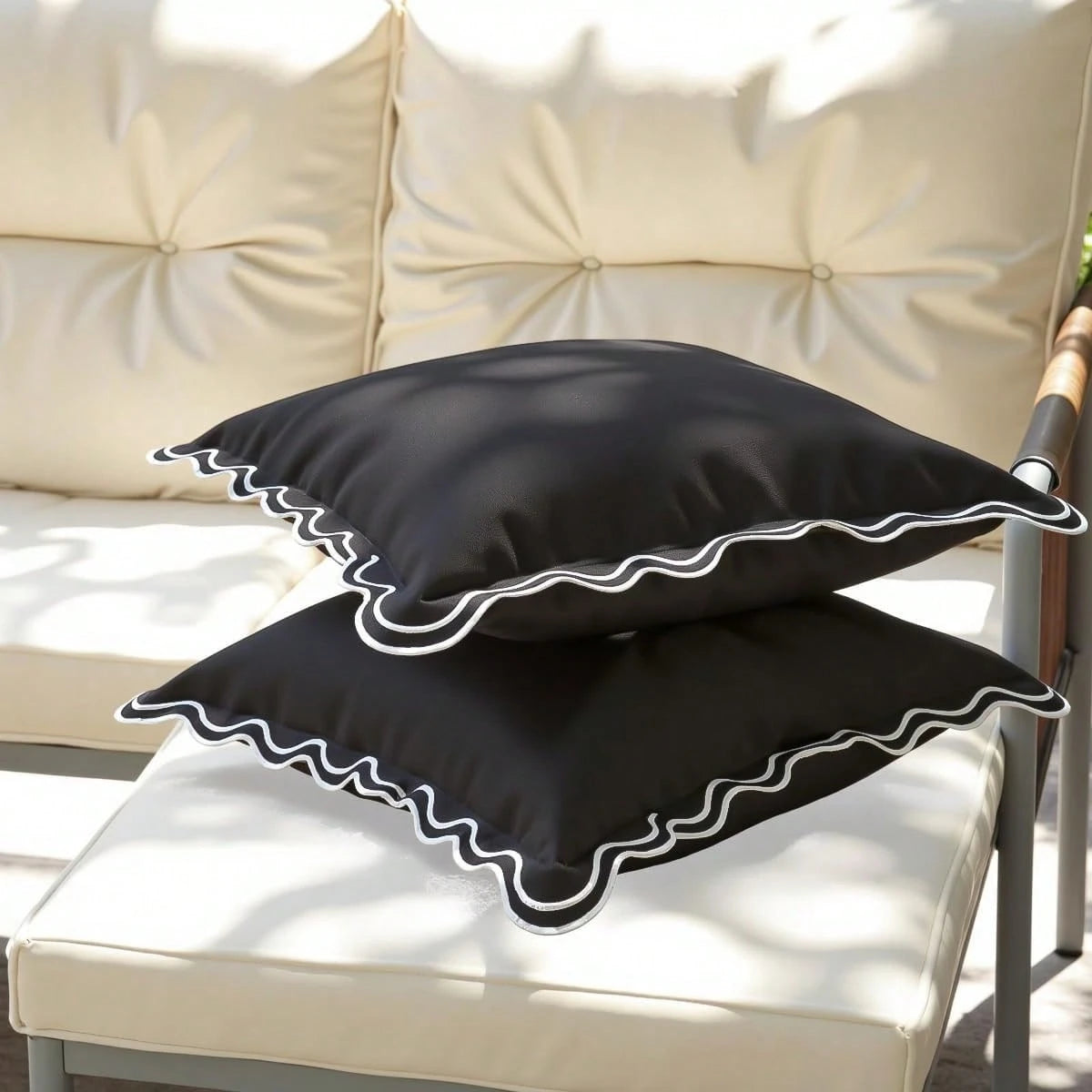 1pc/2pcs Scalloped Wavy Ruffle Edge Waterproof Square Throw Pillow Covers, Decorative Outdoor Cushion Cases For Patio Pool Garden Sofa Home Decor