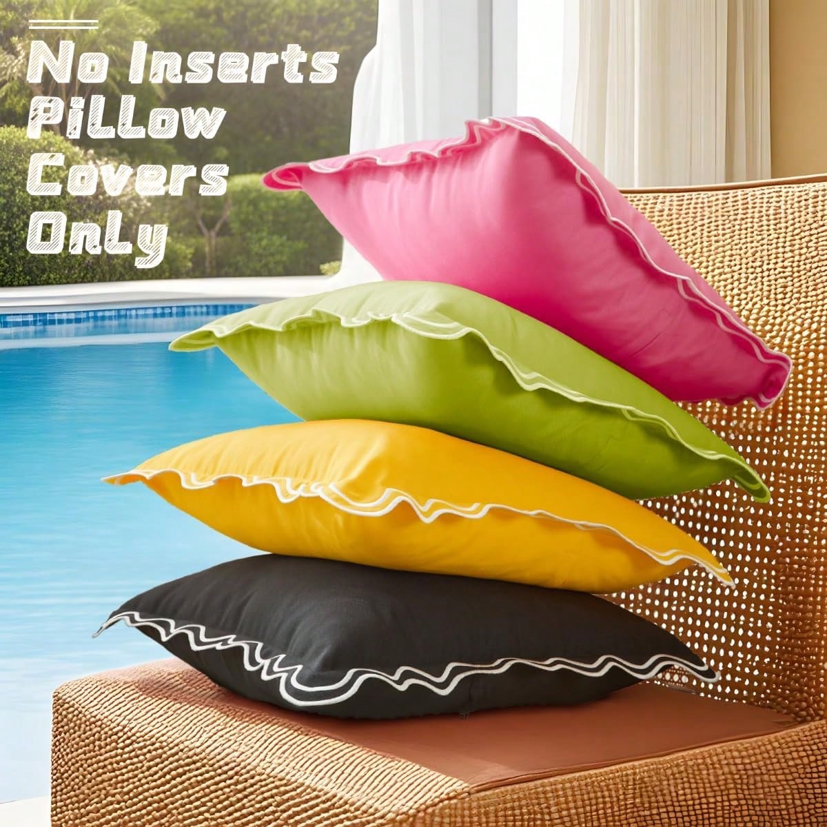 1pc/2pcs Scalloped Wavy Ruffle Edge Waterproof Square Throw Pillow Covers, Decorative Outdoor Cushion Cases For Patio Pool Garden Sofa Home Decor