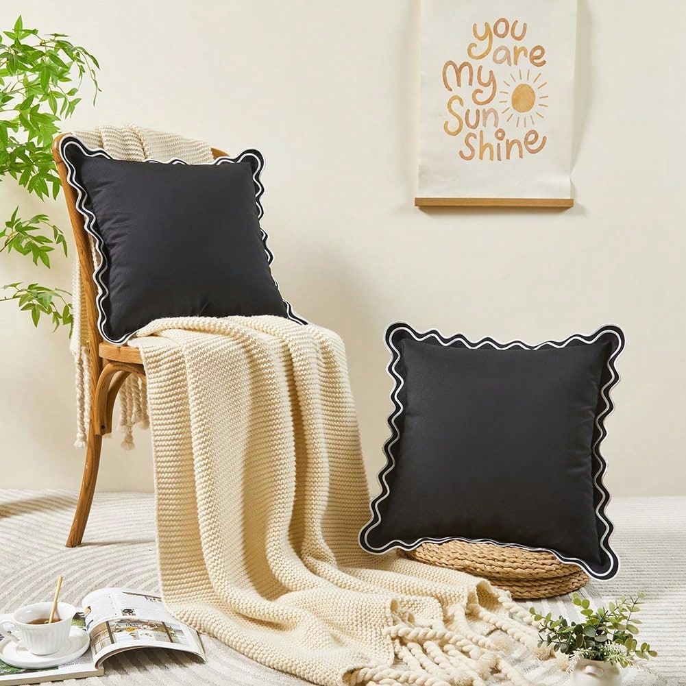 1pc/2pcs Scalloped Wavy Ruffle Edge Waterproof Square Throw Pillow Covers, Decorative Outdoor Cushion Cases For Patio Pool Garden Sofa Home Decor