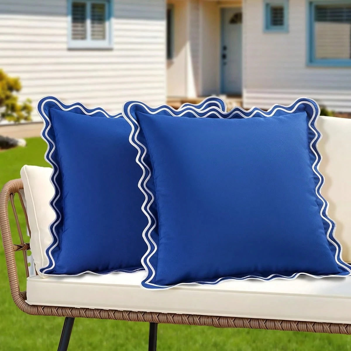 1pc/2pcs Scalloped Wavy Ruffle Edge Waterproof Square Throw Pillow Covers, Decorative Outdoor Cushion Cases For Patio Pool Garden Sofa Home Decor