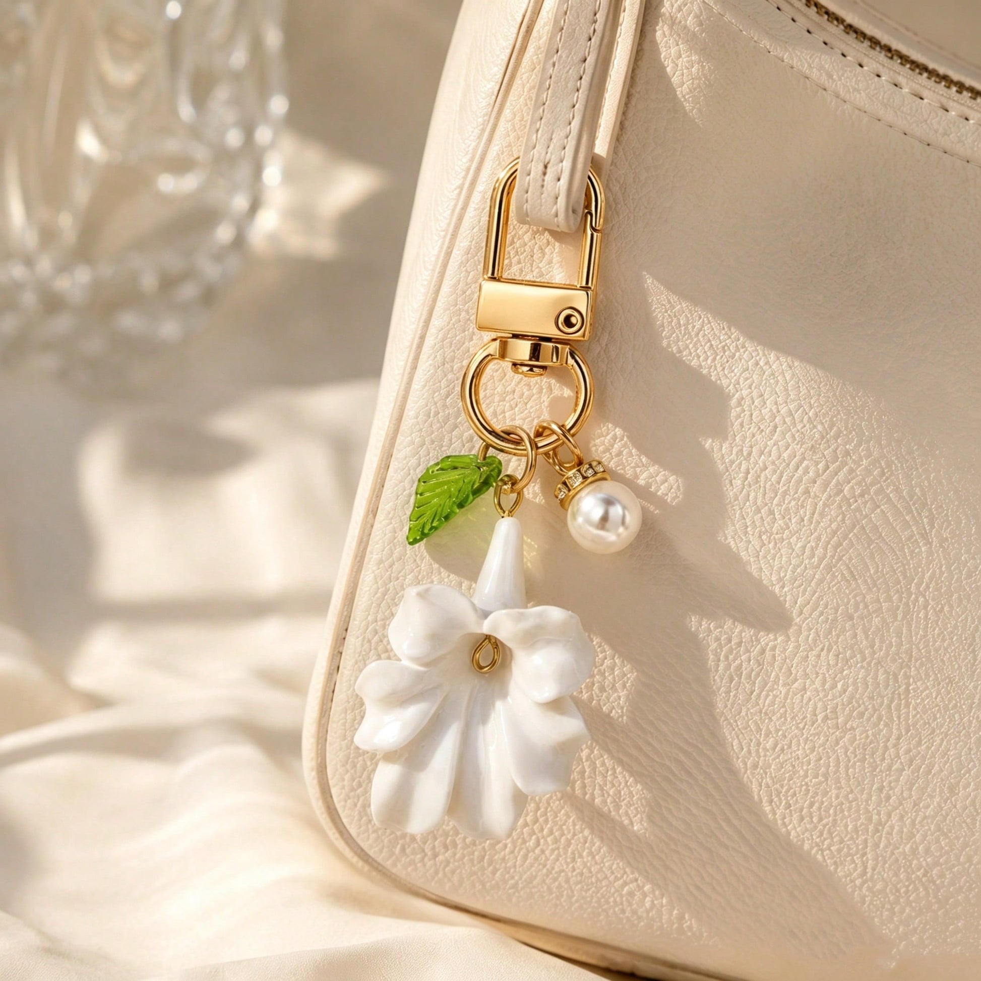 1pc/2pcs Women's Exaggerated 3D Large White Flower With Big Petals, Faux Ceramic Texture Resin Pendant, Green Leaf Accessory, Faux Pearl Inlaid Charm Keychain Bag Pendant