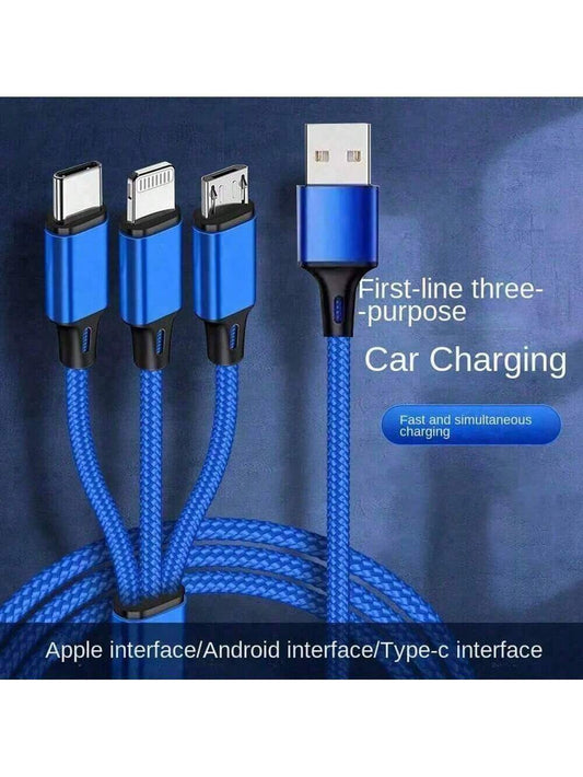 1pc 3-In-1 Braided Charging Cable, Fast Charging Car Charger Adapter Compatible With IPhone 17 Pro Max/17 Pro/17 Plus/17/16/15/14/13/12/11/XS/XR/8/7/6, S25/S24/S23/S22/S21 Ultra Plus