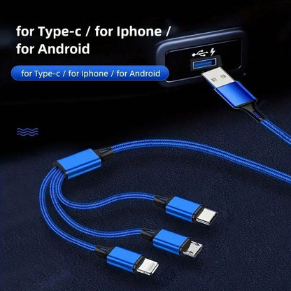 1pc 3-In-1 Braided Charging Cable, Fast Charging Car Charger Adapter Compatible With IPhone 17 Pro Max/17 Pro/17 Plus/17/16/15/14/13/12/11/XS/XR/8/7/6, S25/S24/S23/S22/S21 Ultra Plus
