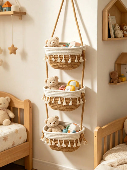 1pc 3-Tier Bohemian Style Hanging Wall Basket, Decorative Hanging Basket, Suitable For Children's Room Decor, Baby Supplies, Newborn Essentials, Girls' Room Decor, Baby Shower