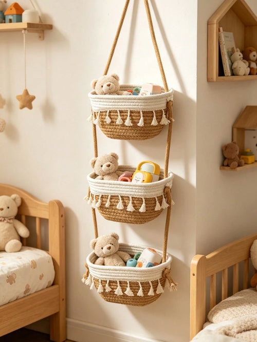 1pc 3-Tier Bohemian Style Hanging Wall Basket, Decorative Hanging Basket, Suitable For Children's Room Decor, Baby Supplies, Newborn Essentials, Girls' Room Decor, Baby Shower