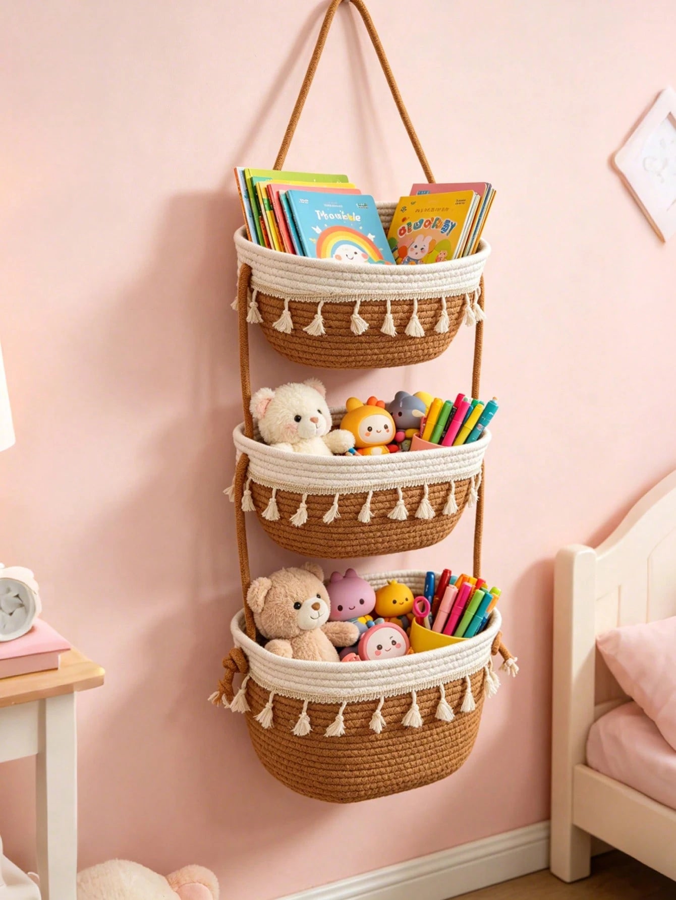 1pc 3-Tier Bohemian Style Hanging Wall Basket, Decorative Hanging Basket, Suitable For Children's Room Decor, Baby Supplies, Newborn Essentials, Girls' Room Decor, Baby Shower