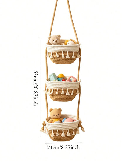1pc 3-Tier Bohemian Style Hanging Wall Basket, Decorative Hanging Basket, Suitable For Children's Room Decor, Baby Supplies, Newborn Essentials, Girls' Room Decor, Baby Shower