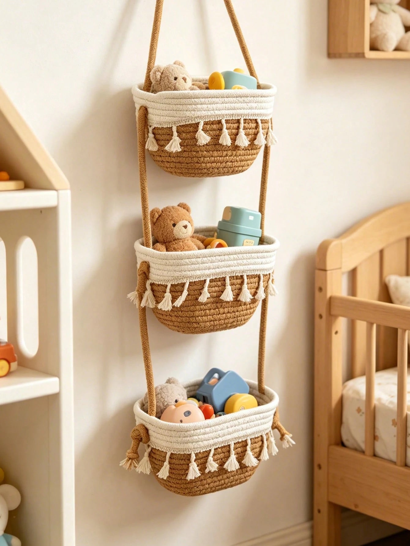 1pc 3-Tier Bohemian Style Hanging Wall Basket, Decorative Hanging Basket, Suitable For Children's Room Decor, Baby Supplies, Newborn Essentials, Girls' Room Decor, Baby Shower