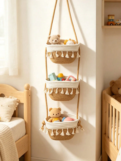 1pc 3-Tier Bohemian Style Hanging Wall Basket, Decorative Hanging Basket, Suitable For Children's Room Decor, Baby Supplies, Newborn Essentials, Girls' Room Decor, Baby Shower