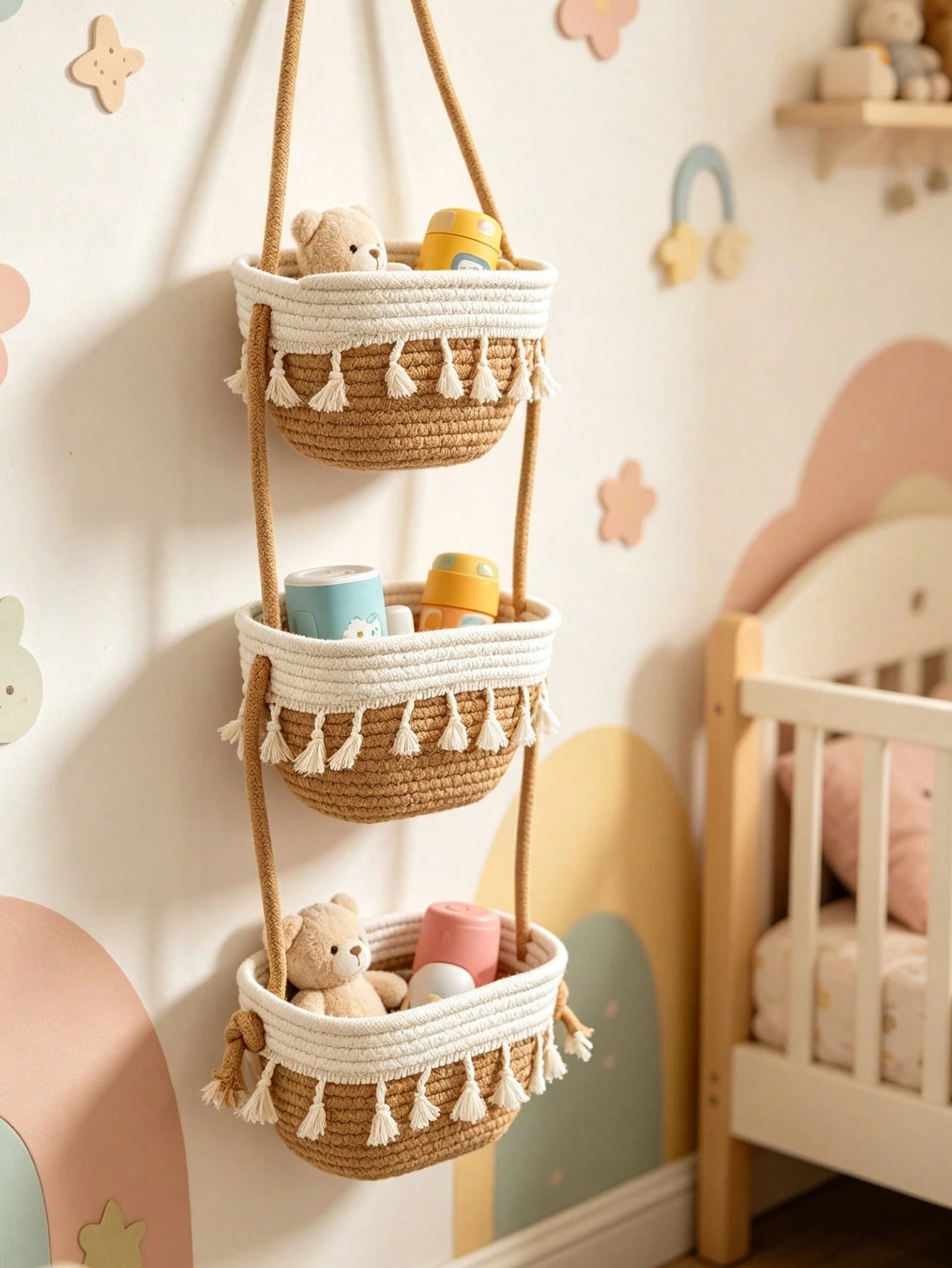 1pc 3-Tier Bohemian Style Hanging Wall Basket, Decorative Hanging Basket, Suitable For Children's Room Decor, Baby Supplies, Newborn Essentials, Girls' Room Decor, Baby Shower