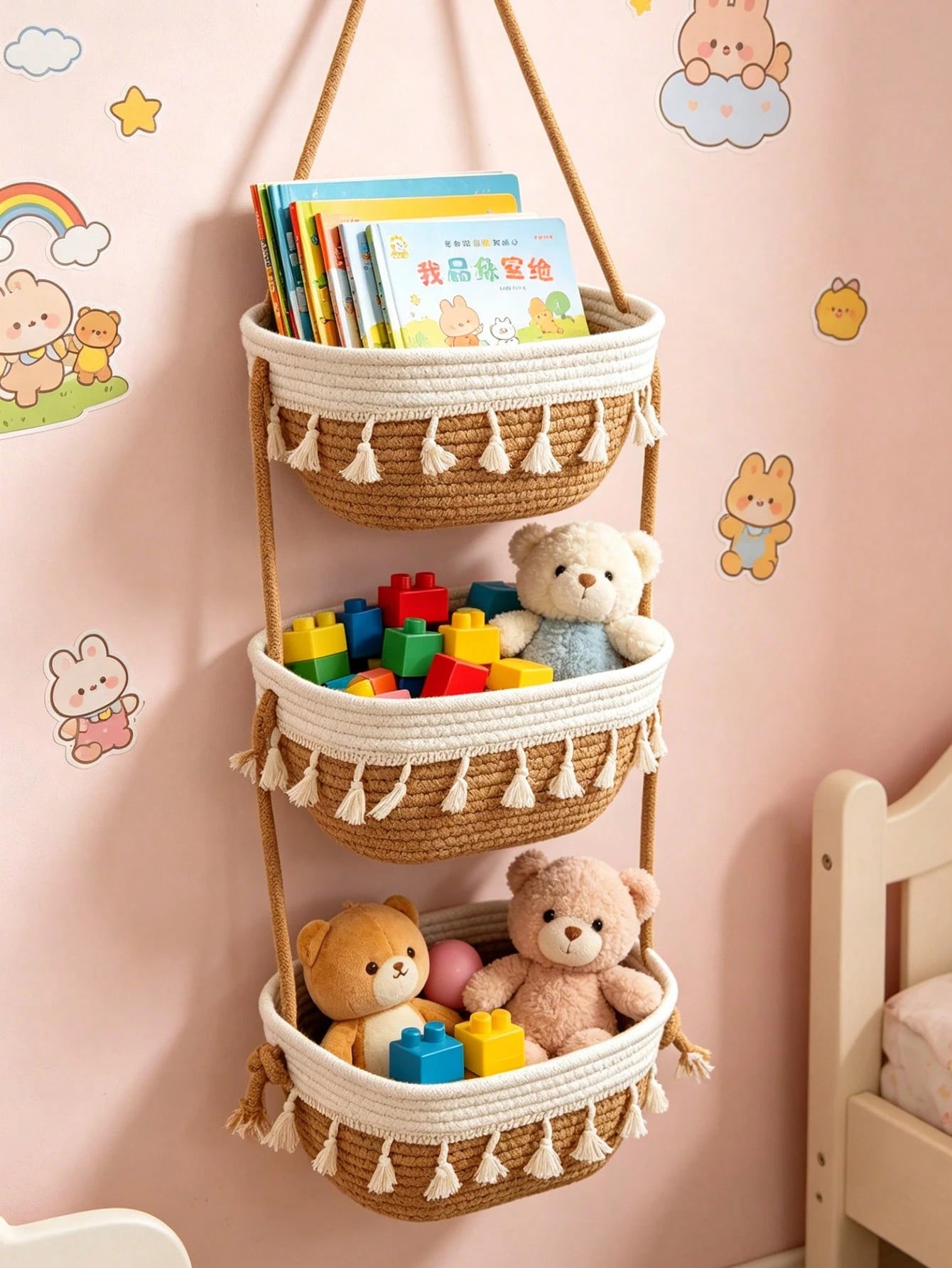 1pc 3-Tier Bohemian Style Hanging Wall Basket, Decorative Hanging Basket, Suitable For Children's Room Decor, Baby Supplies, Newborn Essentials, Girls' Room Decor, Baby Shower
