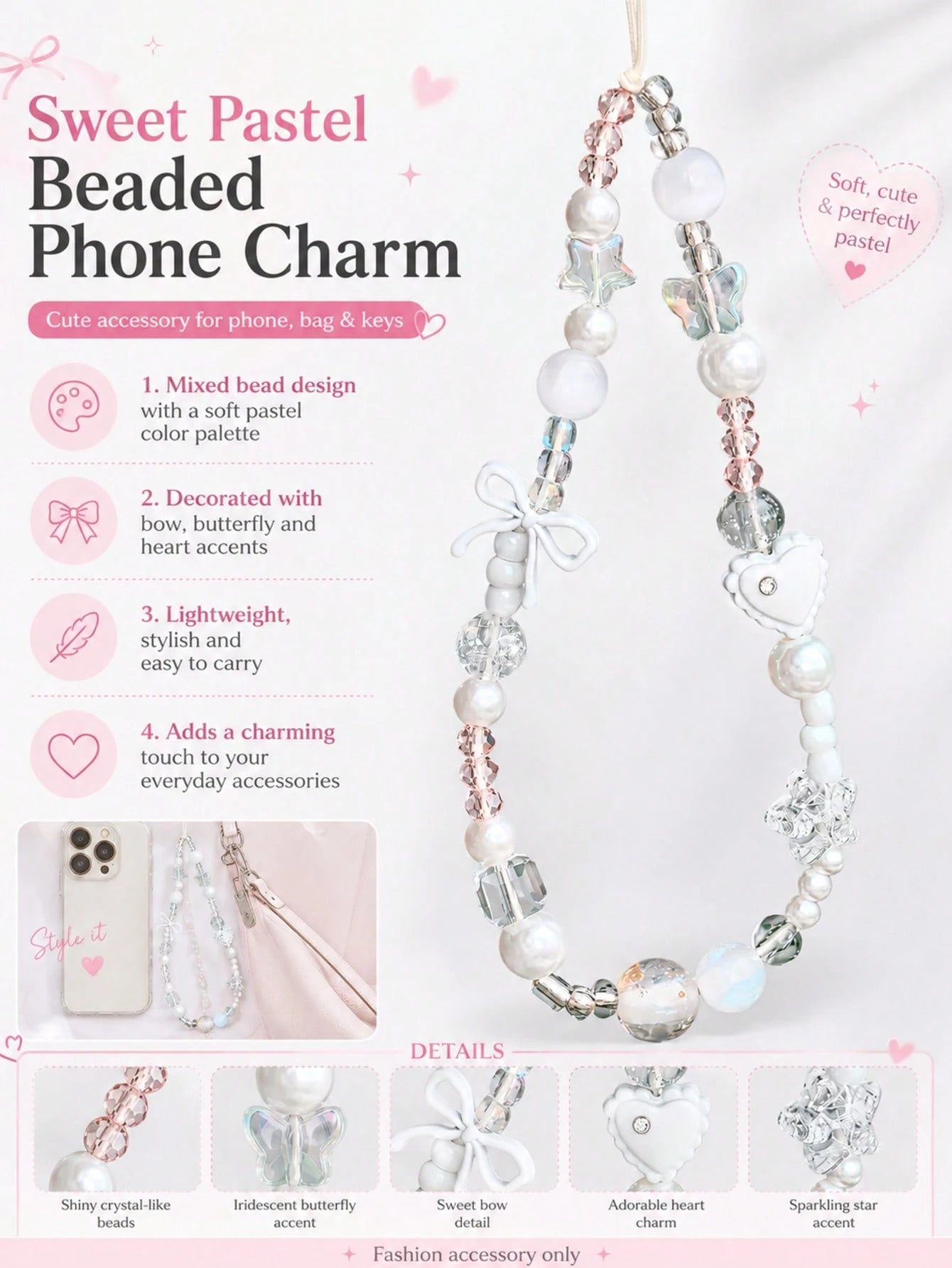 1pc Acrylic Bow Phone Chain CCD Camera Pendant Keychain Phone Case Accessory Phone Lanyard Phone Decoration Phone Accessory Smartphone Wrist Strap Smartphone Shoulder Bag (Due To Shooting Angle And Ma