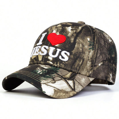 1pc Adjustable Unisex "I Love Jesus" Embroidered Camouflage Baseball Cap, Casual Sun Protection Hat Suitable For Spring,Autumn Outdoor,Travel,Beach,Party