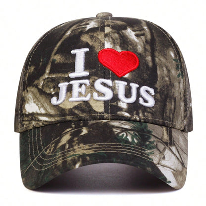 1pc Adjustable Unisex "I Love Jesus" Embroidered Camouflage Baseball Cap, Casual Sun Protection Hat Suitable For Spring,Autumn Outdoor,Travel,Beach,Party