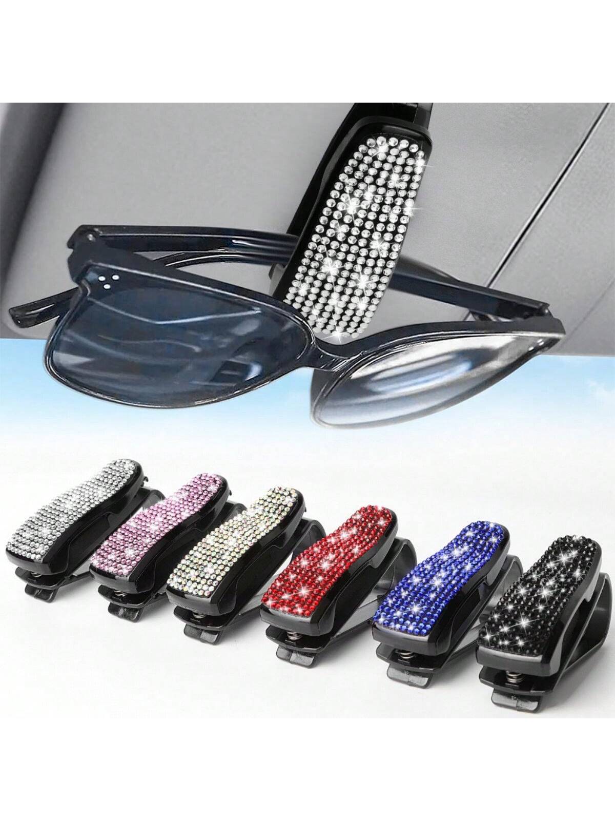 1pc Artificial Rhinestones Car Glasses Holder With Ticket Card Clip For Car Interior Accessories- Sun Visor Sunglasses Hanger