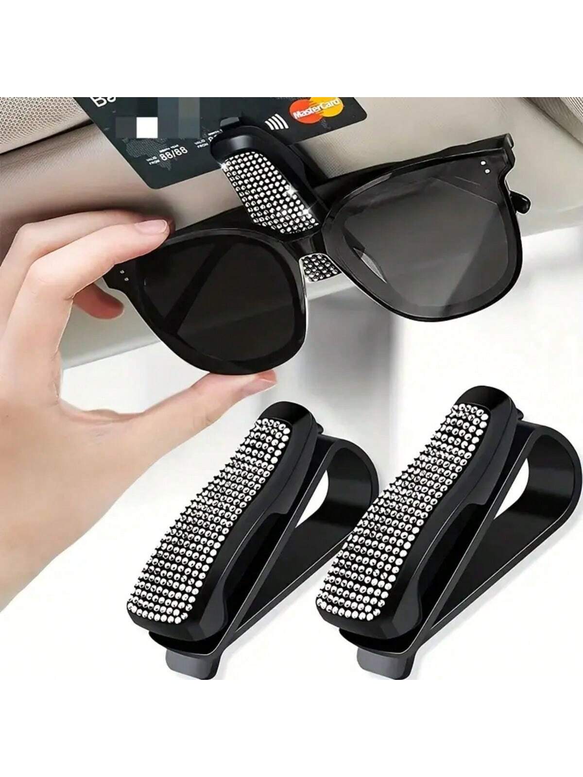 1pc Artificial Rhinestones Car Glasses Holder With Ticket Card Clip For Car Interior Accessories- Sun Visor Sunglasses Hanger