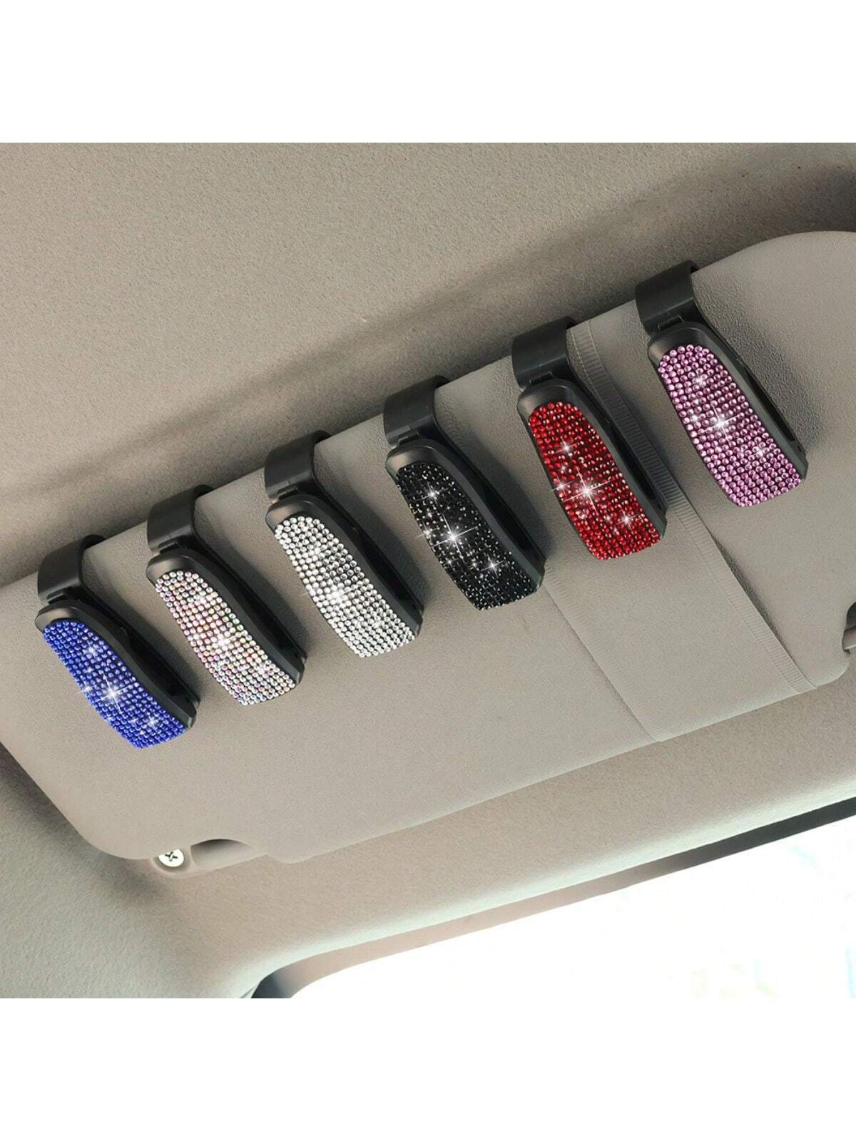 1pc Artificial Rhinestones Car Glasses Holder With Ticket Card Clip For Car Interior Accessories- Sun Visor Sunglasses Hanger