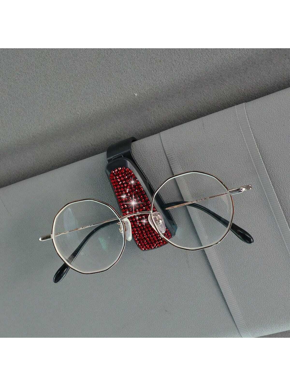 1pc Artificial Rhinestones Car Glasses Holder With Ticket Card Clip For Car Interior Accessories- Sun Visor Sunglasses Hanger