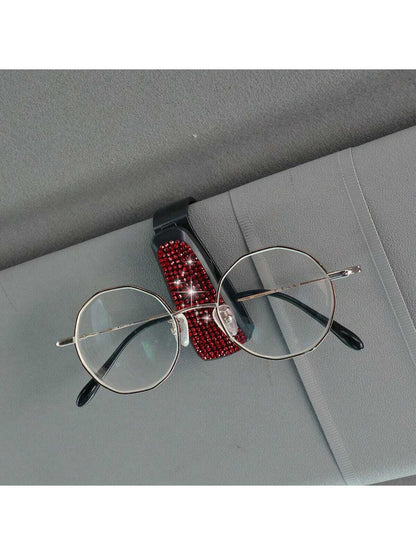 1pc Artificial Rhinestones Car Glasses Holder With Ticket Card Clip For Car Interior Accessories- Sun Visor Sunglasses Hanger