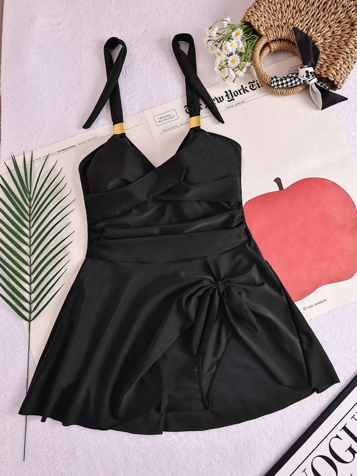 1pc Asymmetrical Metal Accent Swimsuit Dress, Beach Resort Style Vacation Summer