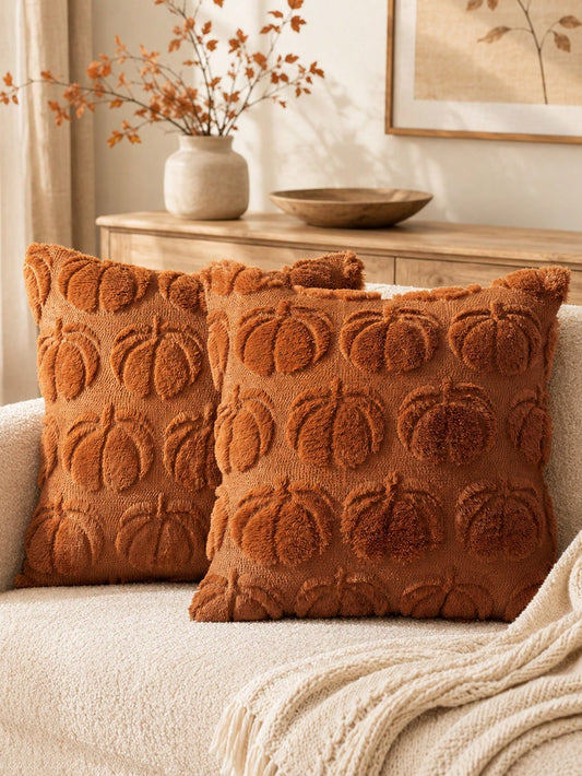 1pc Autumn Pumpkin Caramel Color Pillow Case, Thanksgiving Harvest Theme Soft Plush Faux Fur Jacquard Cushion Cover, Sofa Decor