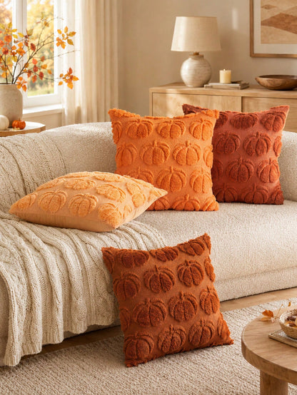 1pc Autumn Pumpkin Caramel Color Pillow Case, Thanksgiving Harvest Theme Soft Plush Faux Fur Jacquard Cushion Cover, Sofa Decor