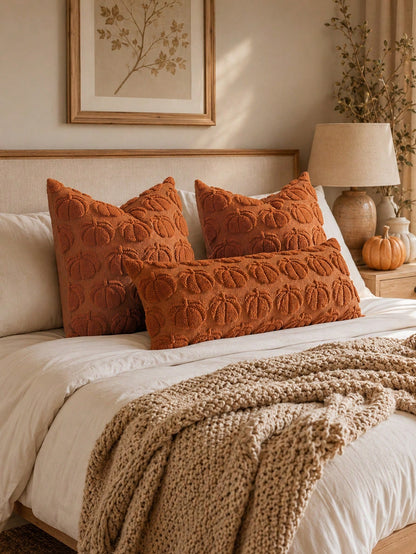 1pc Autumn Pumpkin Caramel Color Pillow Case, Thanksgiving Harvest Theme Soft Plush Faux Fur Jacquard Cushion Cover, Sofa Decor