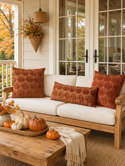 1pc Autumn Pumpkin Caramel Color Pillow Case, Thanksgiving Harvest Theme Soft Plush Faux Fur Jacquard Cushion Cover, Sofa Decor