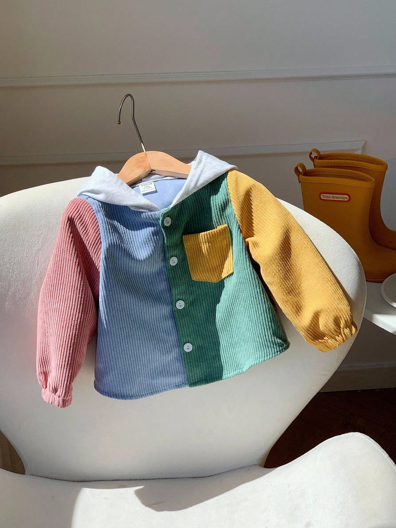 1pc Baby Boy Casual Corduroy Patchwork Hooded Shacket,Suitable For Autumn/Winter/Summer Hoodie Jacket Cardigan Sweater Spring Fall