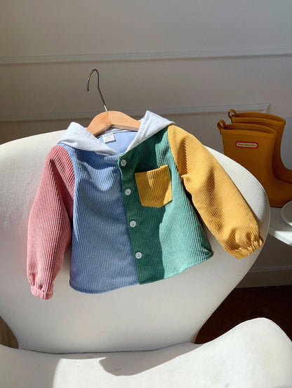 1pc Baby Boy Casual Corduroy Patchwork Hooded Shacket,Suitable For Autumn/Winter/Summer Hoodie Jacket Cardigan Sweater Spring Fall