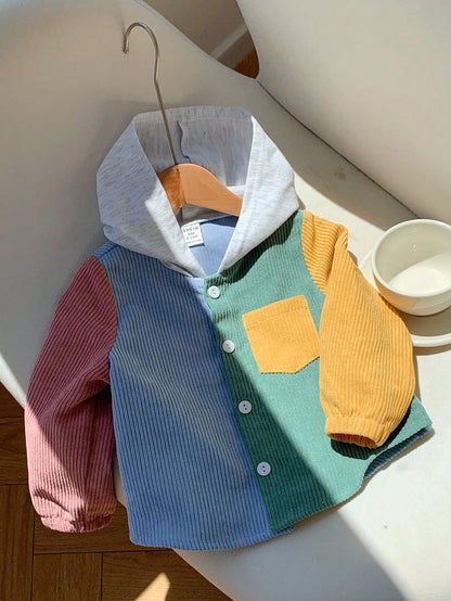 1pc Baby Boy Casual Corduroy Patchwork Hooded Shacket,Suitable For Autumn/Winter/Summer Hoodie Jacket Cardigan Sweater Spring Fall
