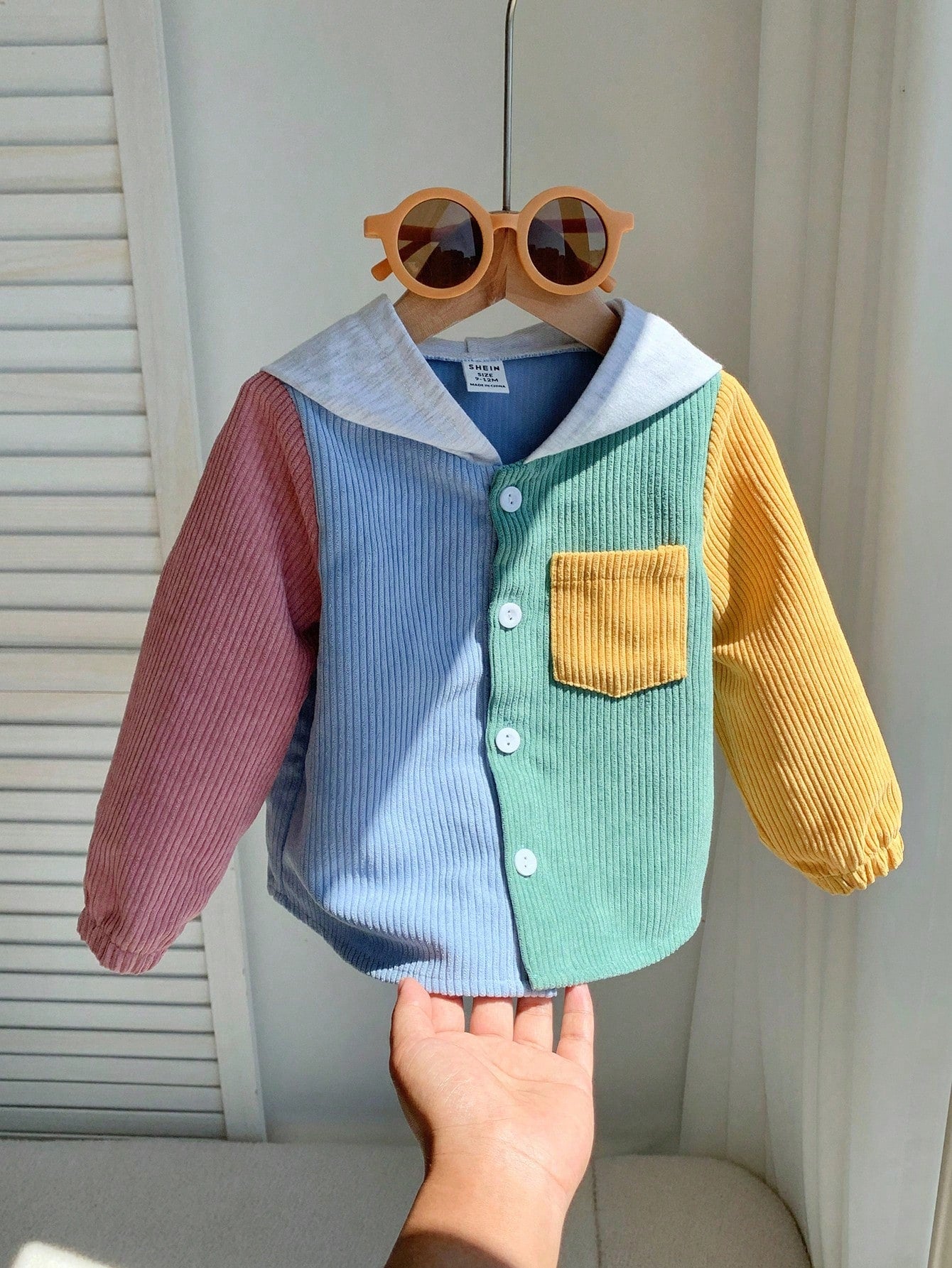 1pc Baby Boy Casual Corduroy Patchwork Hooded Shacket,Suitable For Autumn/Winter/Summer Hoodie Jacket Cardigan Sweater Spring Fall
