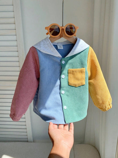 1pc Baby Boy Casual Corduroy Patchwork Hooded Shacket,Suitable For Autumn/Winter/Summer Hoodie Jacket Cardigan Sweater Spring Fall
