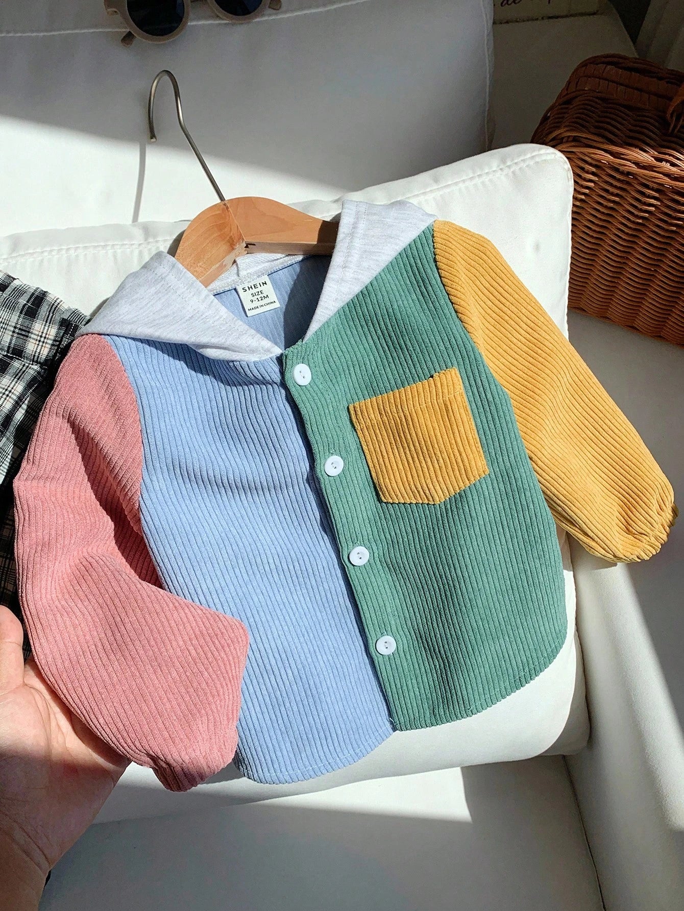 1pc Baby Boy Casual Corduroy Patchwork Hooded Shacket,Suitable For Autumn/Winter/Summer Hoodie Jacket Cardigan Sweater Spring Fall