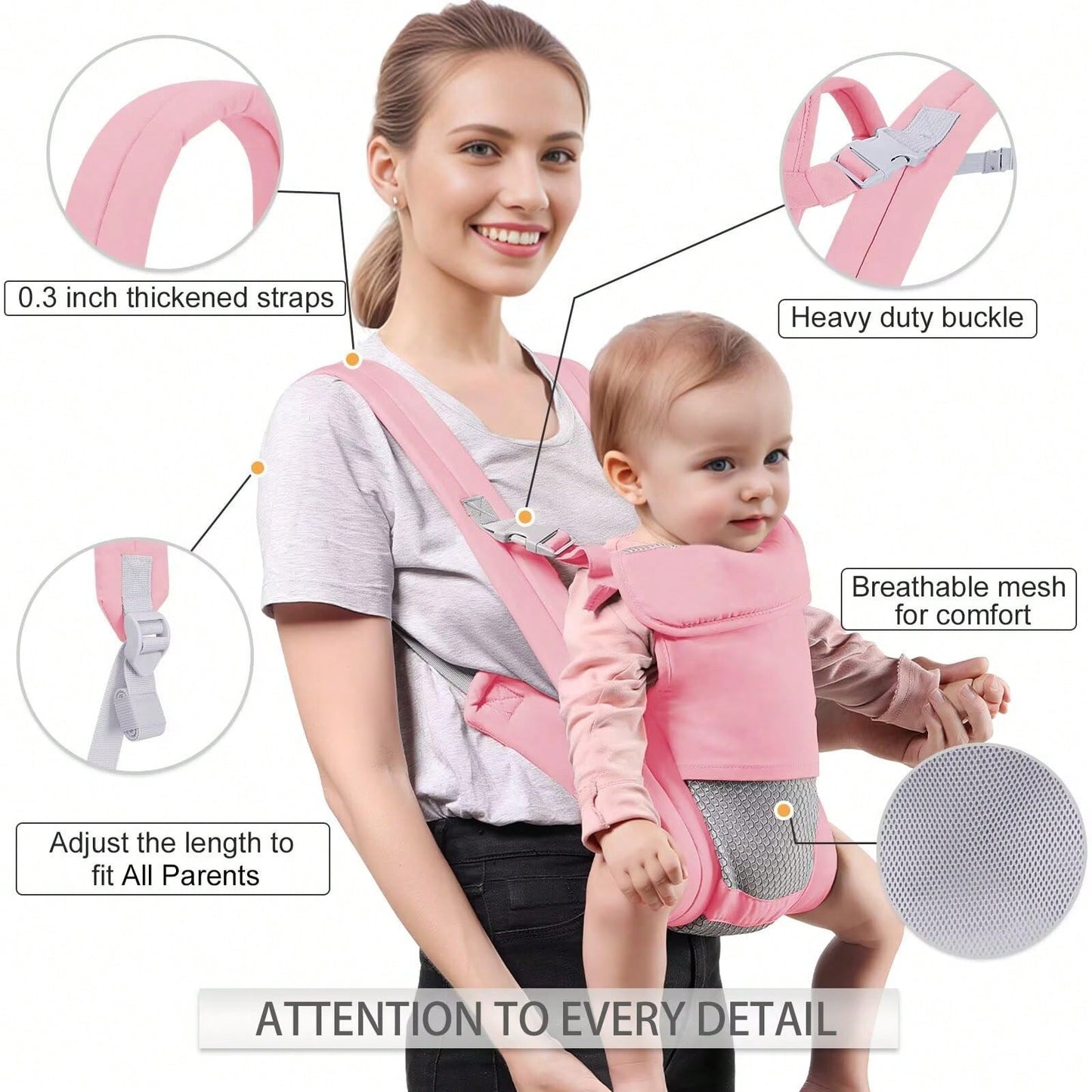 1pc Baby Carrier Newborn To Toddler(7-30lbs), Toddler Carrier With Adjustable Shoulder Strap, Baby Holder Carrier With Breathable Mesh Fabric, Pink