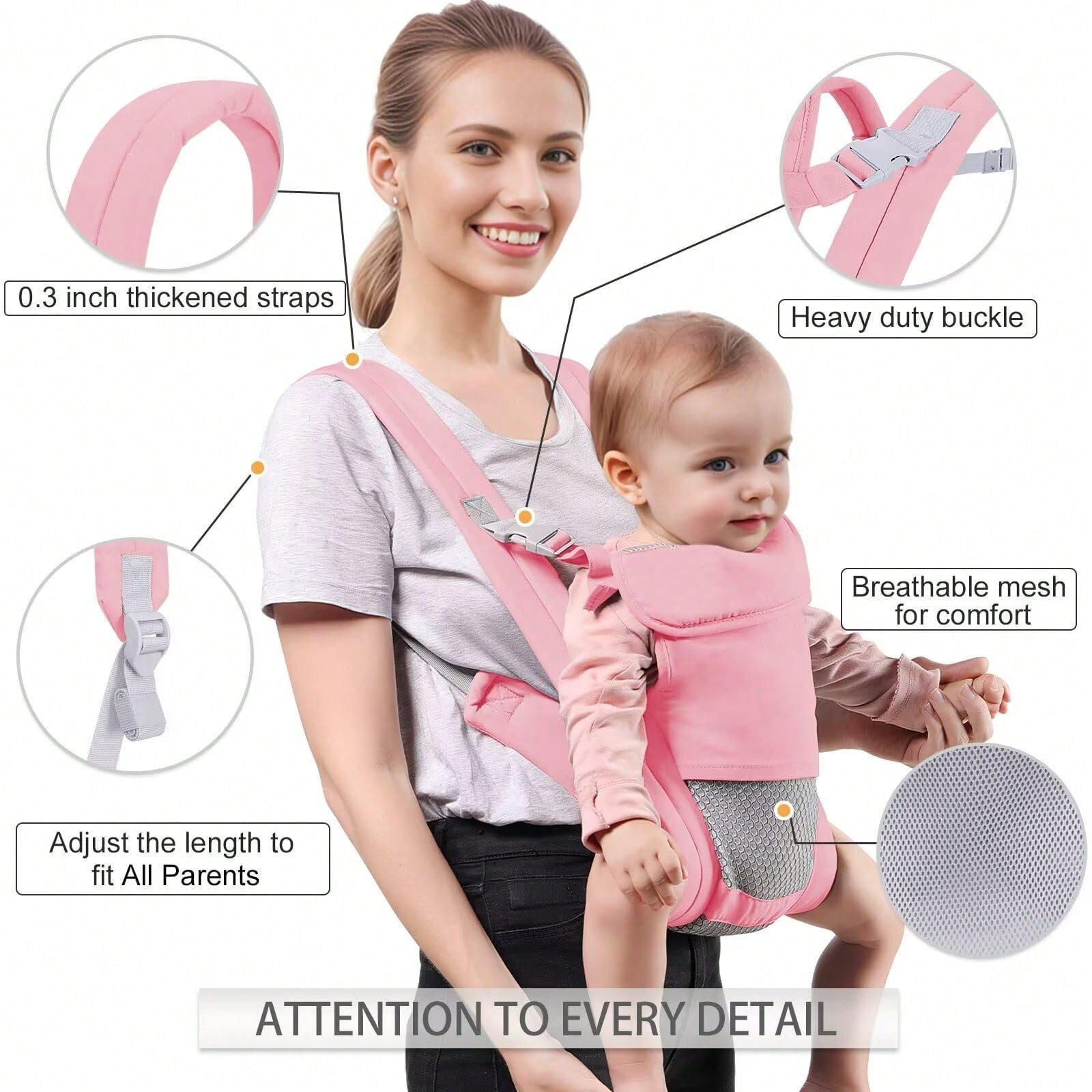 1pc Baby Carrier Newborn To Toddler(7-30lbs), Toddler Carrier With Adjustable Shoulder Strap, Baby Holder Carrier With Breathable Mesh Fabric, Pink
