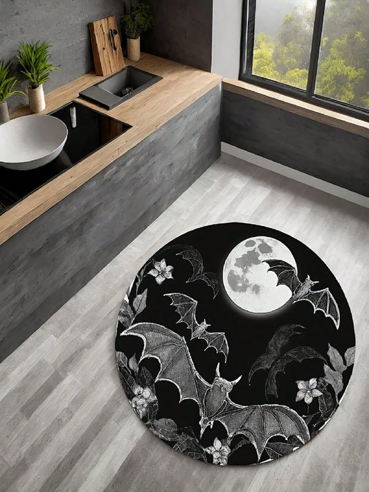 1pc Black Bat Moon Pattern Velvet Carpet, Soft Indoor Door Mat, Living Room Rug, Kitchen Mat, Bedroom Carpet, Bathroom Mat, Washable Home Decor, Bedroom Decoration, Non-Slip Wear-Resistant, Noise-Redu