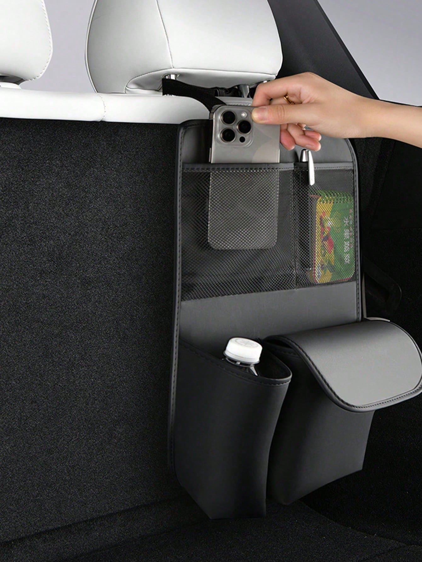 1pc Black Leather Car Seat Back & Trunk Storage Organizer- Multi-Pocket Design, Water-Resistant Surface, Load-Bearing, Easy To Clean, Suitable For SUV, Sedan And Hatchback, Suitable For Hanging Misce
