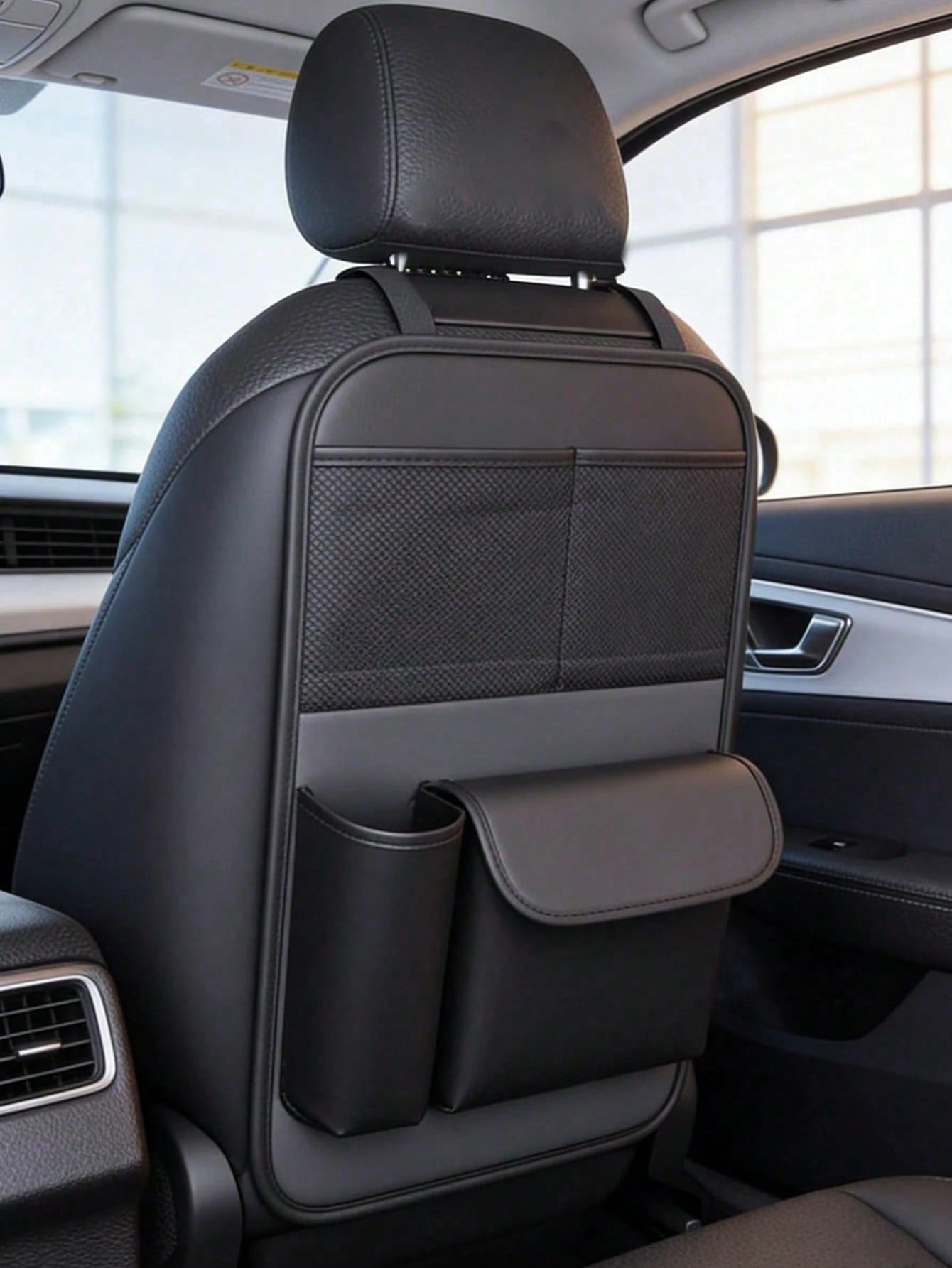 1pc Black Leather Car Seat Back & Trunk Storage Organizer- Multi-Pocket Design, Water-Resistant Surface, Load-Bearing, Easy To Clean, Suitable For SUV, Sedan And Hatchback, Suitable For Hanging Misce