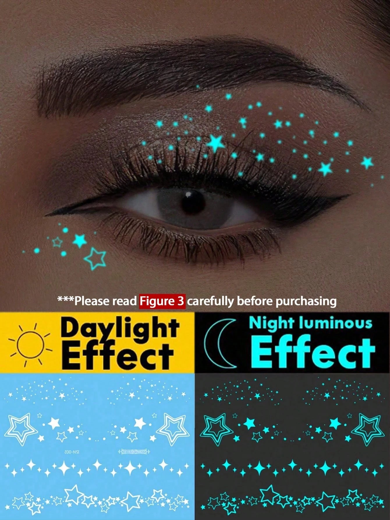 1pc Blue Glow-In-The-Dark And White Ink Glow-In-The-Dark Original Body Art Temporary Tattoo Sticker, Sparkling Star Pattern For Eyes, Glittery Face And Body Waterproof Fake Tattoo, Lasts 2-5 Days, Cov