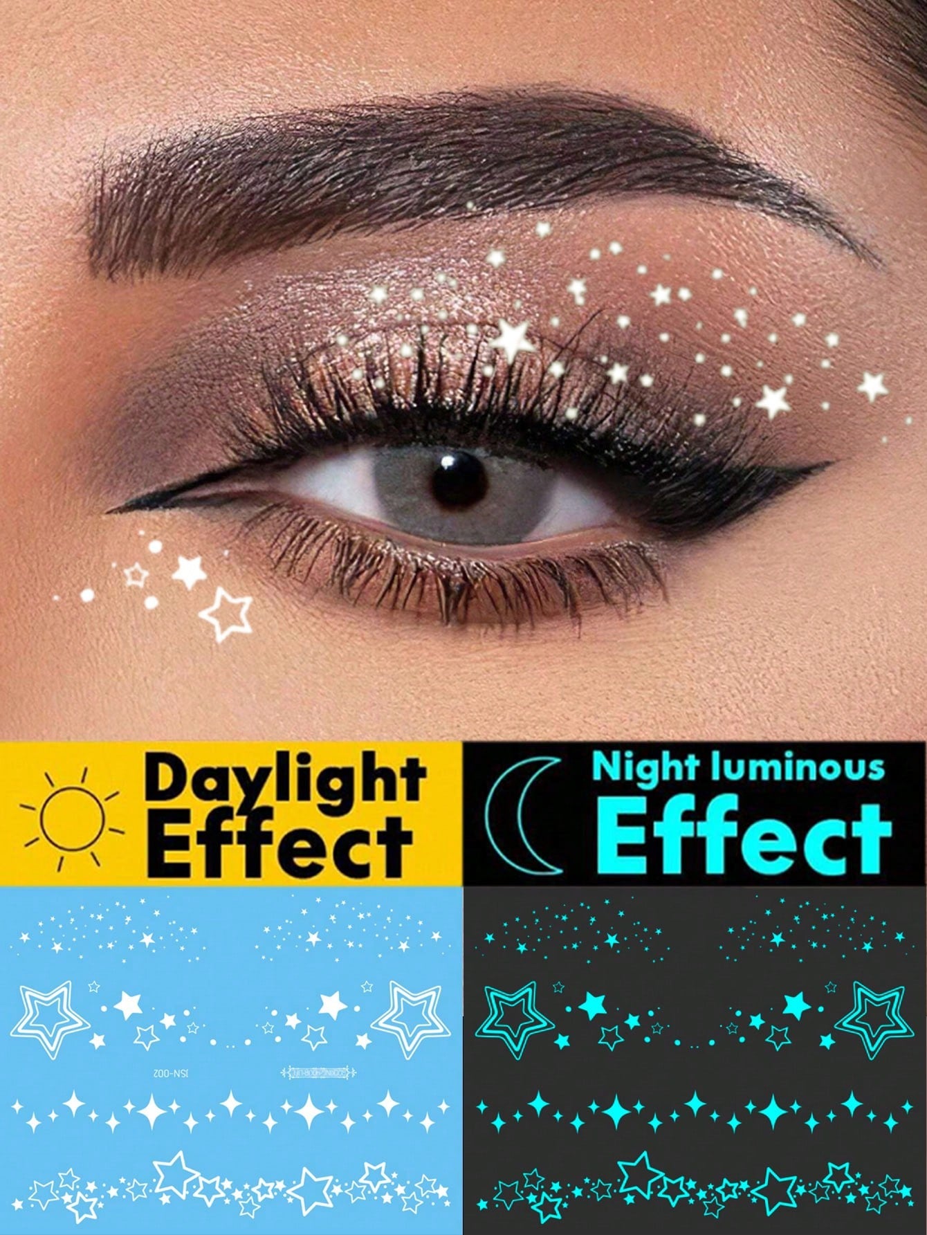 1pc Blue Glow-In-The-Dark And White Ink Glow-In-The-Dark Original Body Art Temporary Tattoo Sticker, Sparkling Star Pattern For Eyes, Glittery Face And Body Waterproof Fake Tattoo, Lasts 2-5 Days, Cov
