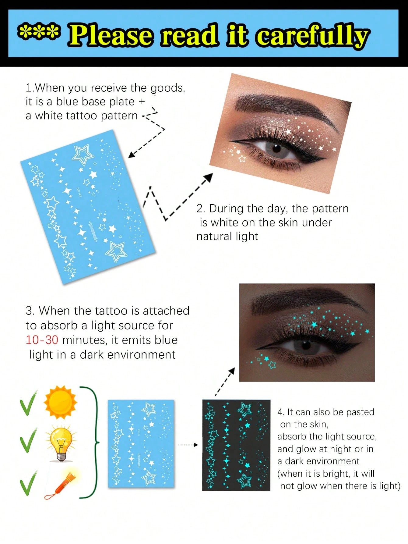 1pc Blue Glow-In-The-Dark And White Ink Glow-In-The-Dark Original Body Art Temporary Tattoo Sticker, Sparkling Star Pattern For Eyes, Glittery Face And Body Waterproof Fake Tattoo, Lasts 2-5 Days, Cov