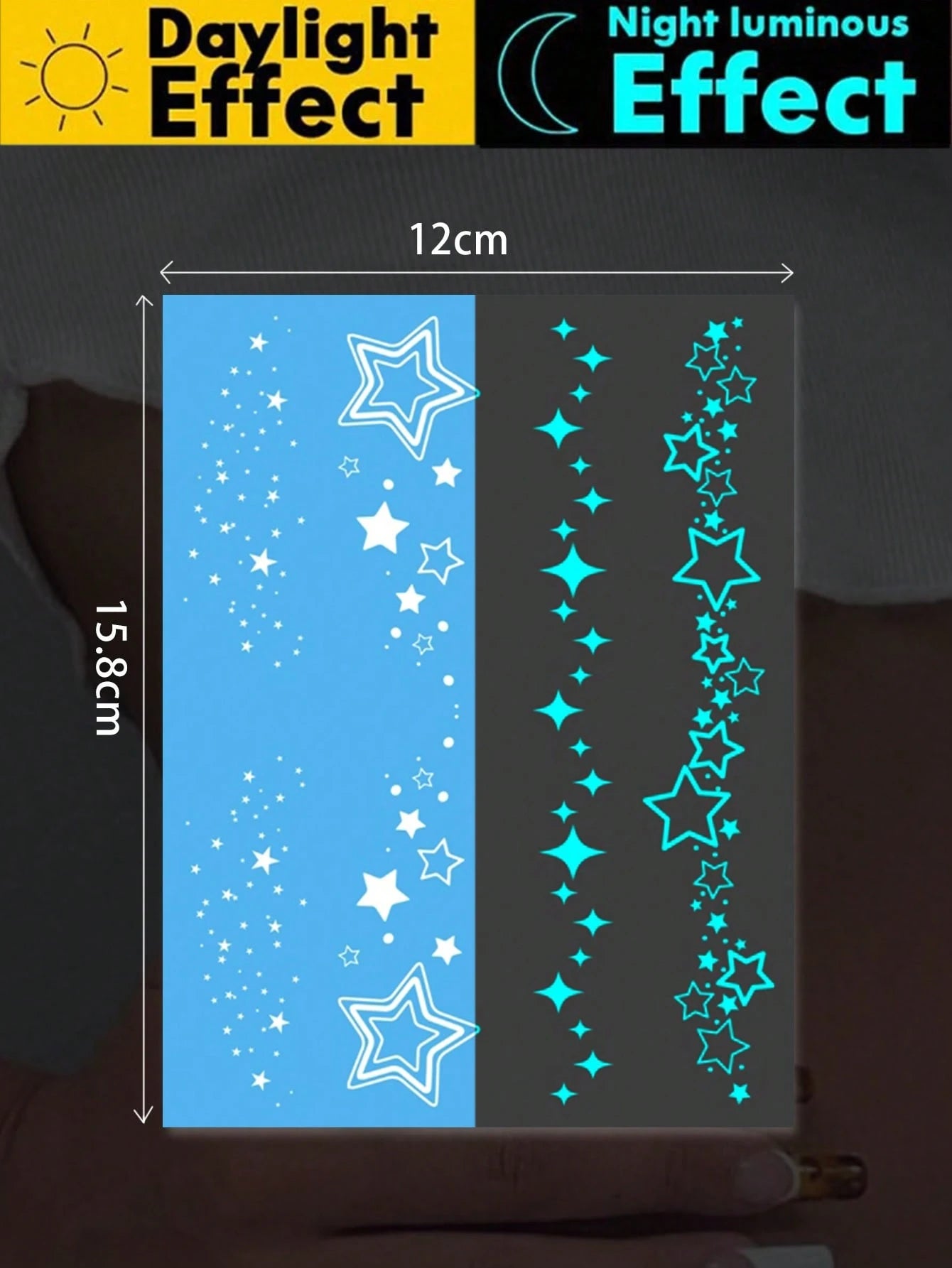 1pc Blue Glow-In-The-Dark And White Ink Glow-In-The-Dark Original Body Art Temporary Tattoo Sticker, Sparkling Star Pattern For Eyes, Glittery Face And Body Waterproof Fake Tattoo, Lasts 2-5 Days, Cov
