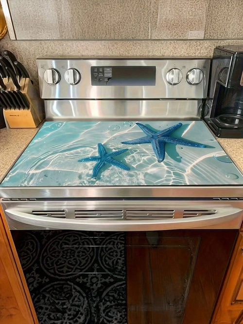 1pc Blue Starfish Design In Transparent Ocean Water, Measuring 20.5 By 28.5 Inches. Made From Polyester, These Stove Top Covers Are Heat Resistant, Oil-Proof, Non-Slip, And Washable, Perfect For Summe