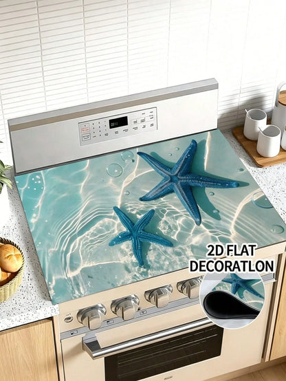 1pc Blue Starfish Design In Transparent Ocean Water, Measuring 20.5 By 28.5 Inches. Made From Polyester, These Stove Top Covers Are Heat Resistant, Oil-Proof, Non-Slip, And Washable, Perfect For Summe