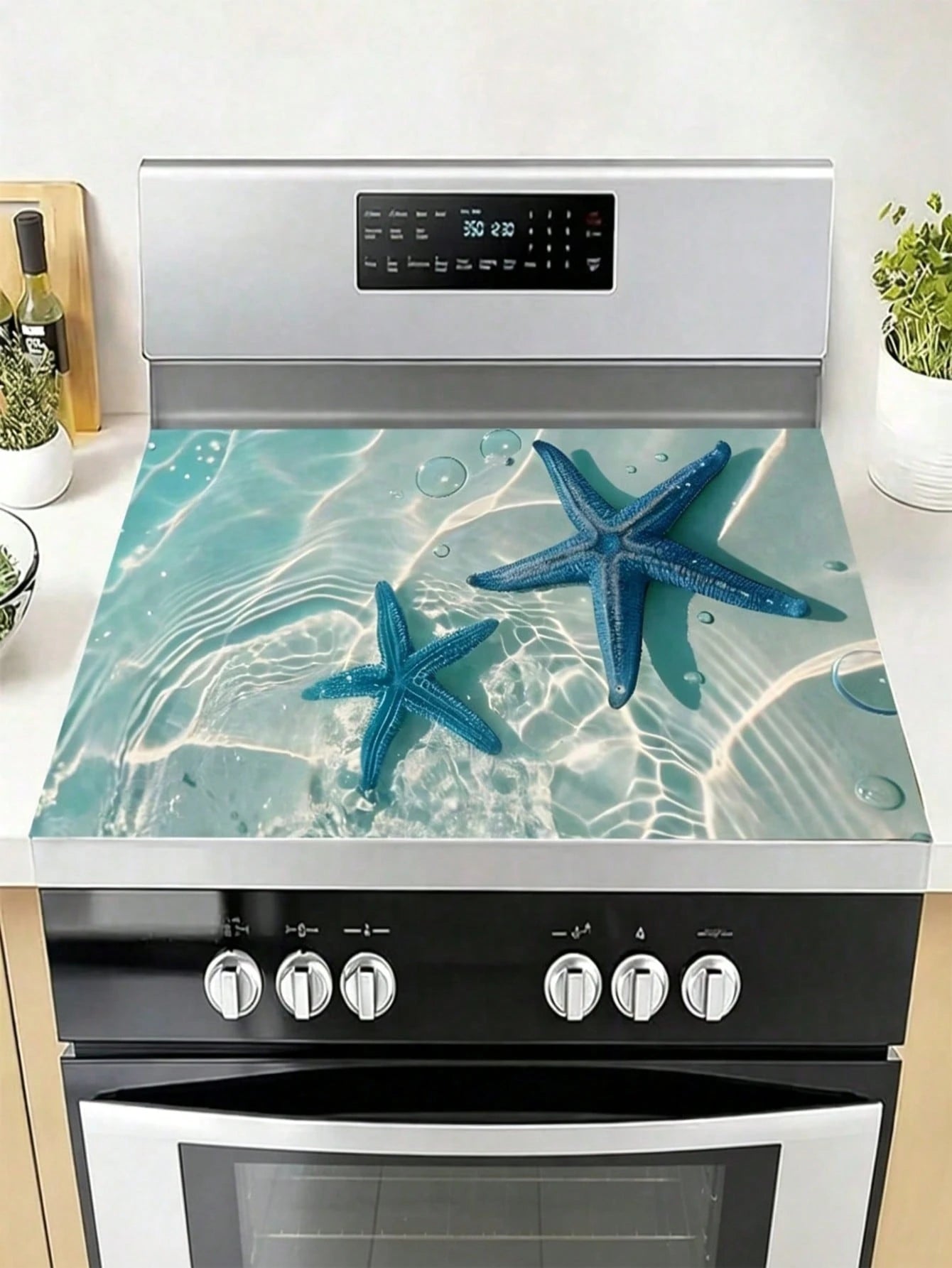 1pc Blue Starfish Design In Transparent Ocean Water, Measuring 20.5 By 28.5 Inches. Made From Polyester, These Stove Top Covers Are Heat Resistant, Oil-Proof, Non-Slip, And Washable, Perfect For Summe
